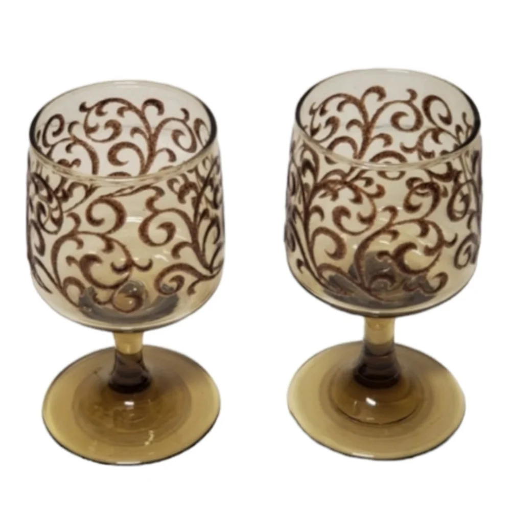 Vintage Prado Brown Libbey Glass Co Brown Raised Swirl Tawny Smoked Set‎ of 6